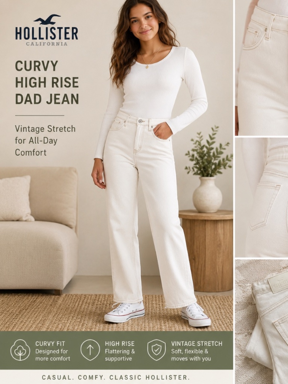 Hollister Curvy Ultra High-Rise Dad Jeans Warm White/Cream W25 L37